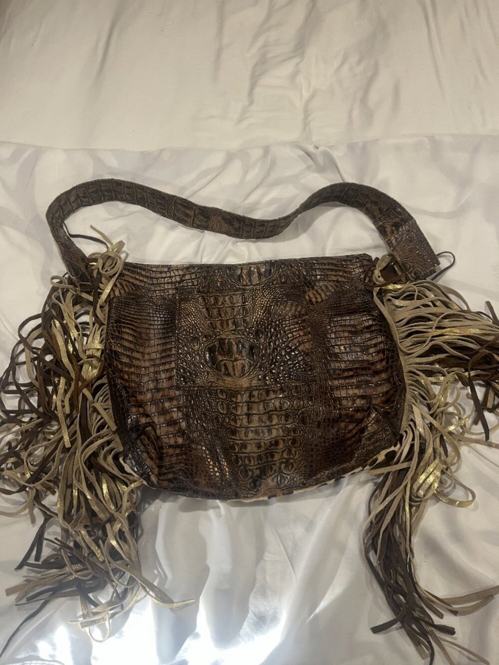 Reworked Louis Vuitton Fringe Bag Leopard Calf Hair Crocodile Embossed Boho - Picture 12 of 12
